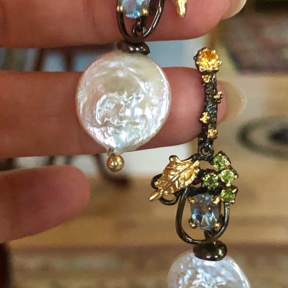 Romantic Genuine Baroque Pearl Earrings with Gems
